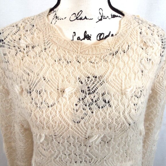 Zara Pointelle Open Knit Ivory Cream Wool Alpaca Round Neck Sweater Size Medium - Picture 10 of 13